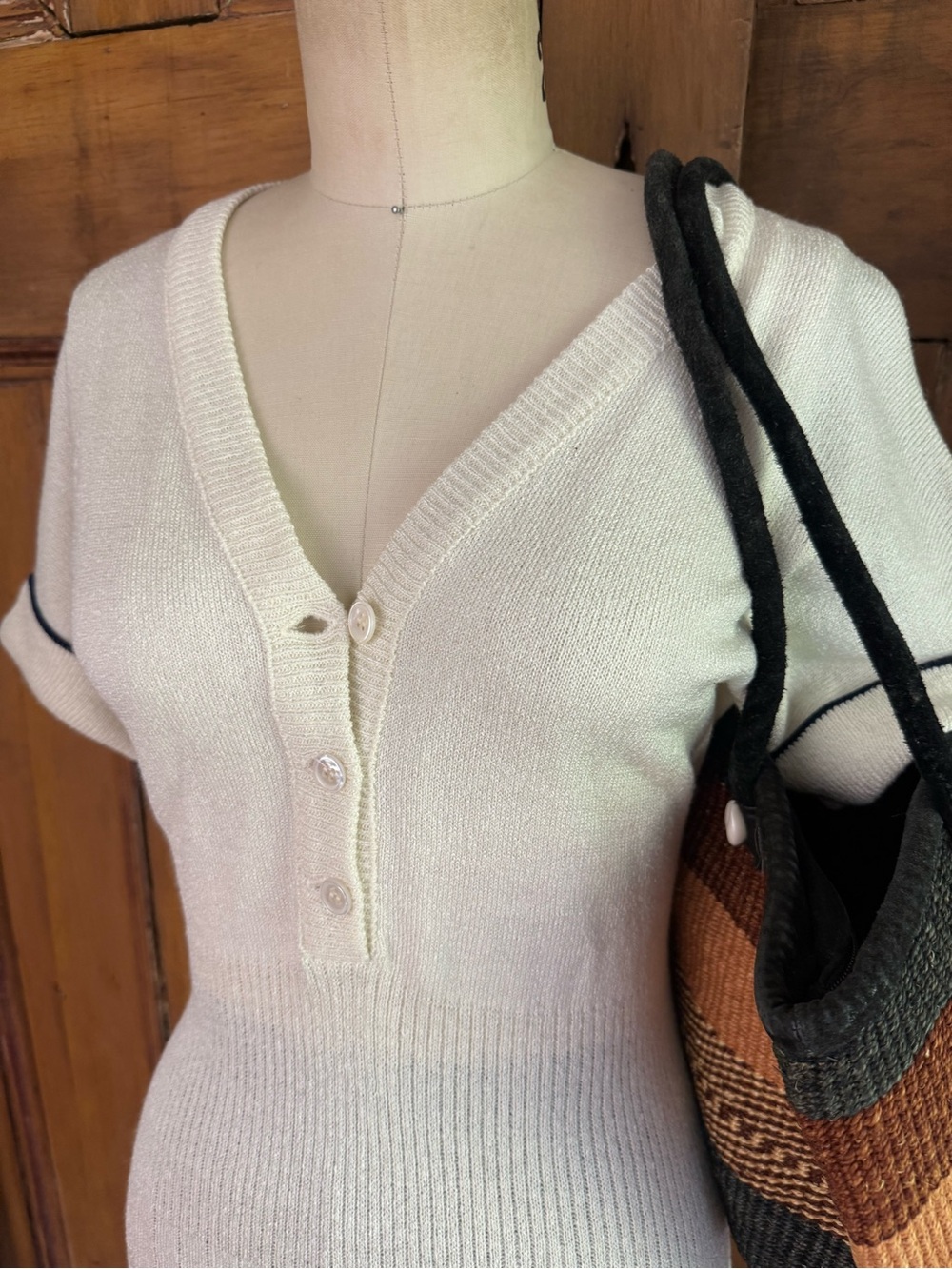 Vintage Ivory Knit Midi Dress | Preppy Ribbed Sweater Dress Soft Minimalist - Picture 6 of 8